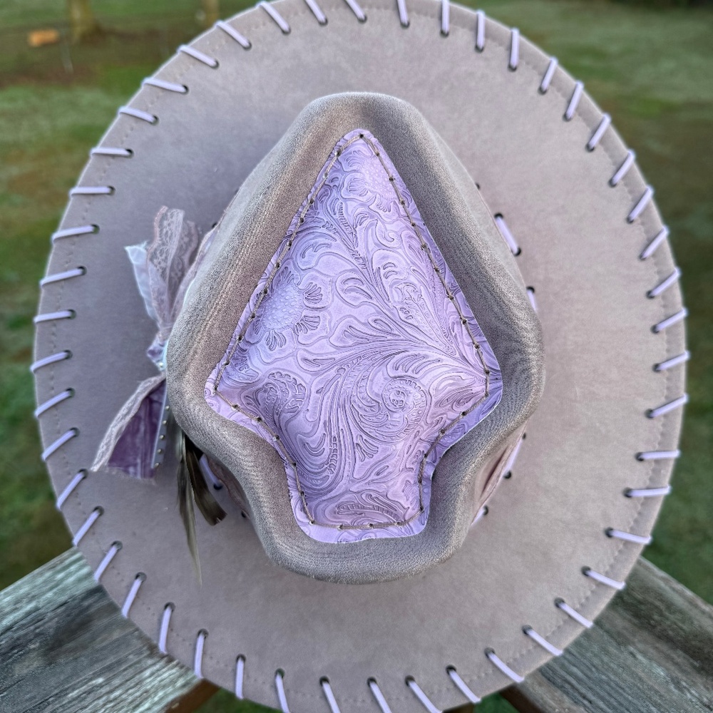 Lavender Burned Hat, Arrow Shaped Hat, Purple Tooled Leather Fedora